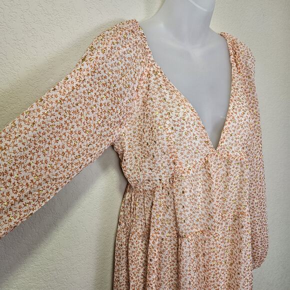 ASOS Curve Maxi Dress Lurex Chiffon Ditsy Floral Cottage Boho Fairy Gold Size 4 - Picture 6 of 16